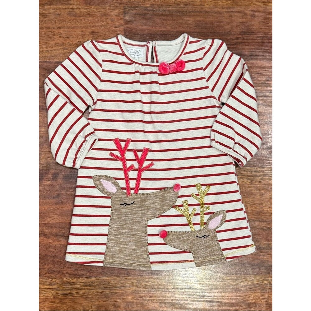 Mud Pie - Red and Cream Striped Reindeer Dress for Christmas or Holidays